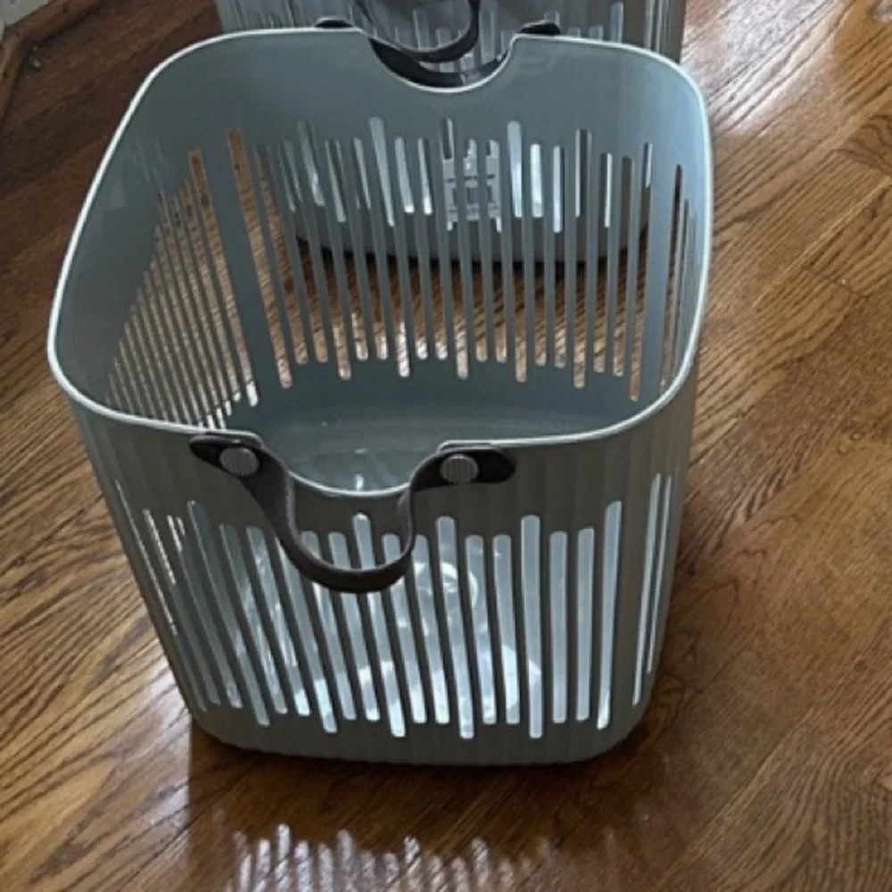 Scandinavian Light Gray Storage Basket Leather Handles Rounded Square